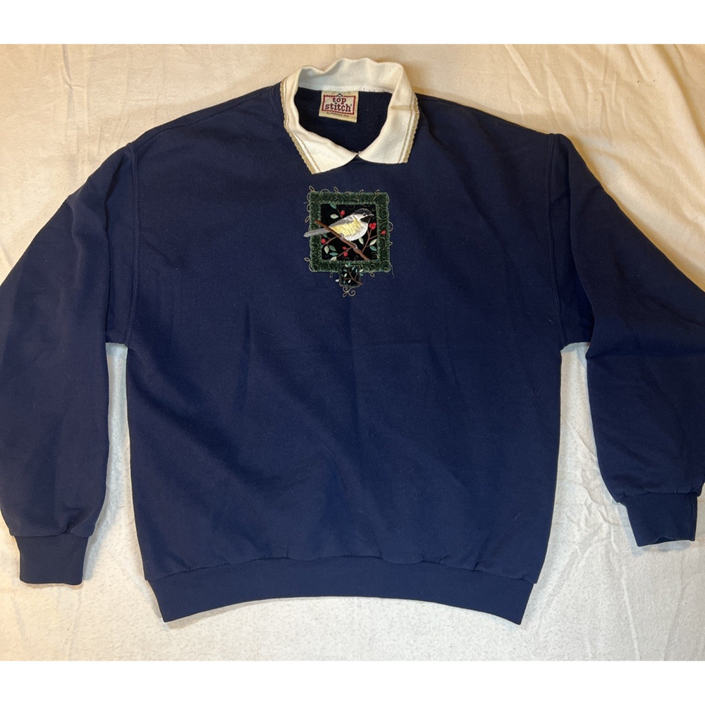 Vintage Top Stitch Large 90S Embroidered Sweatshirt Collared Appliqué Bird
